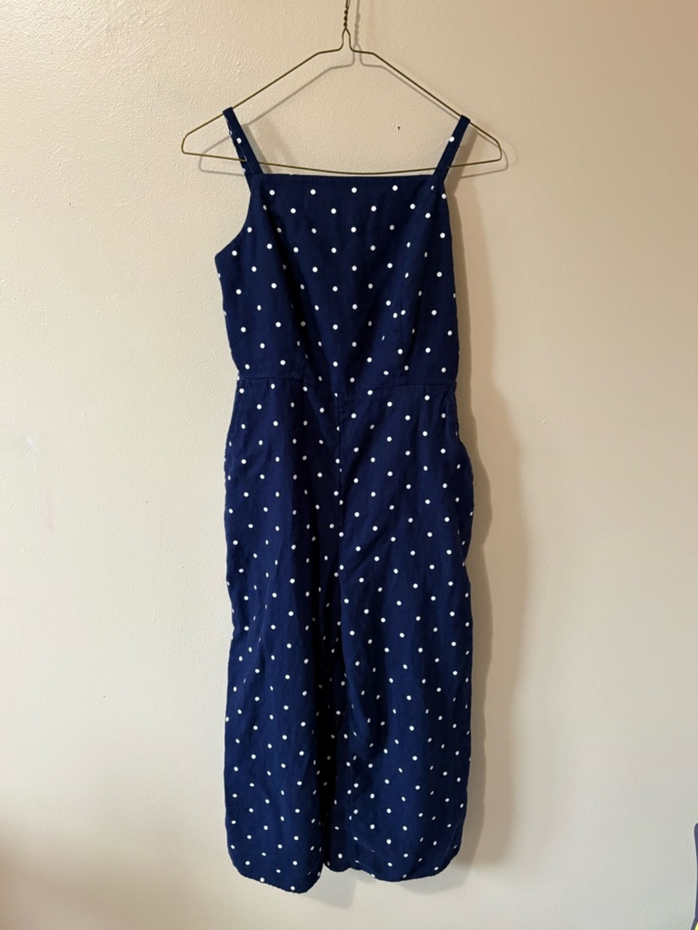 Old Navy Jumpsuit Navy and White Polka Dot Linen Blend Cropped Womens size small